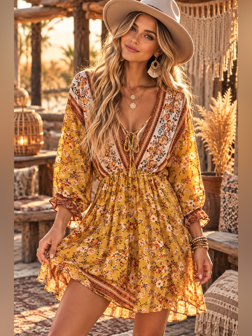 Umgee womans boho Yellow Floral Midi Dress size S
